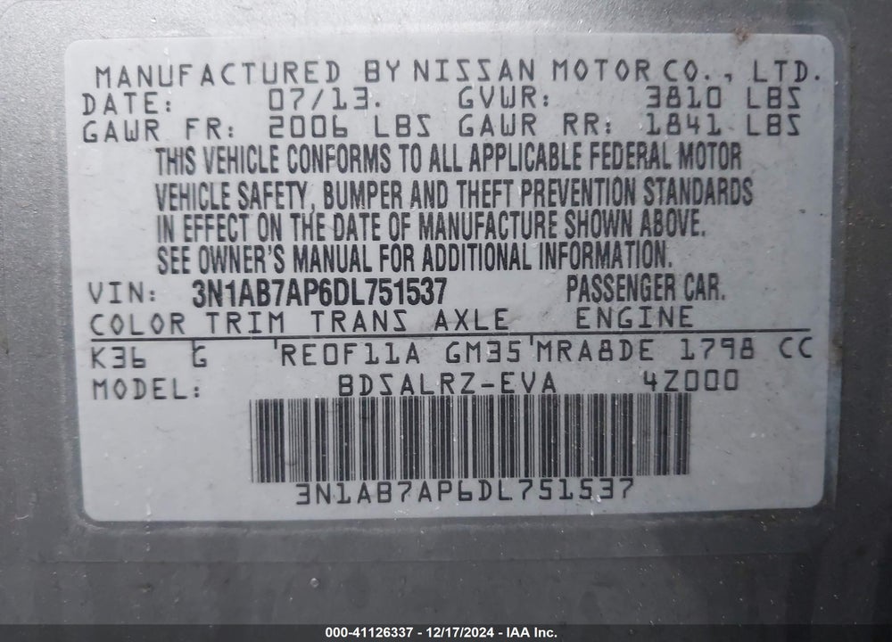2013 NISSAN SENTRA SR VIN: 3N1AB7AP6DL751537