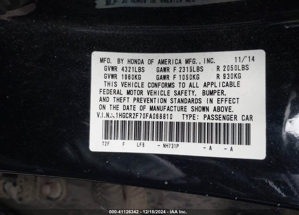 2015 HONDA ACCORD EX VIN: 1HGCR2F70FA068810