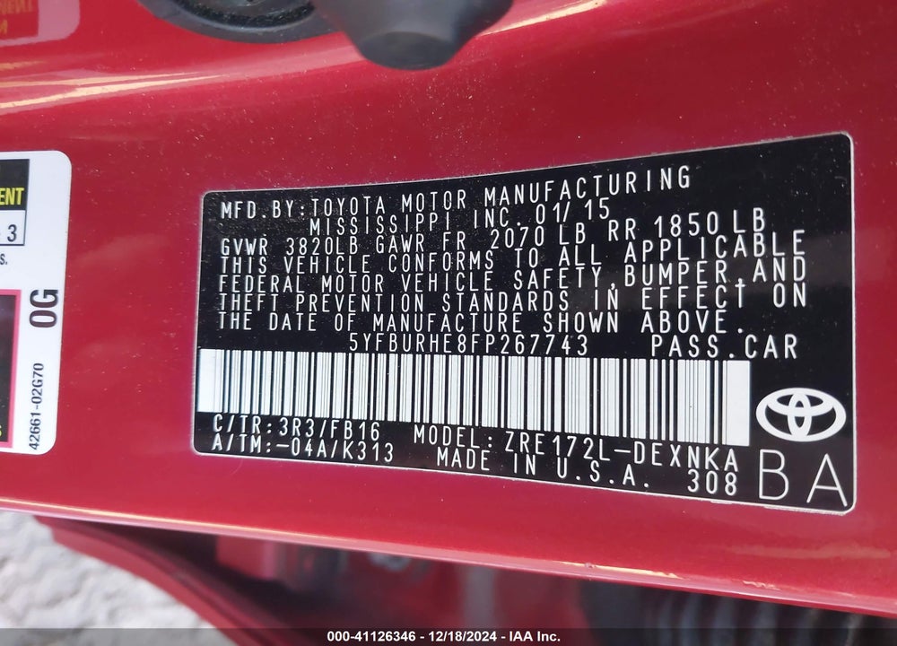 2015 TOYOTA COROLLA LE VIN: 5YFBURHE8FP267743