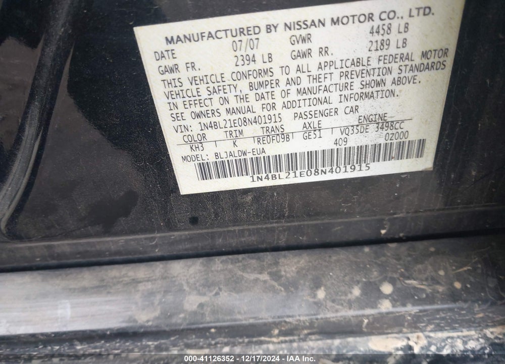 2008 NISSAN ALTIMA VIN: 1N4BL21E08N401915