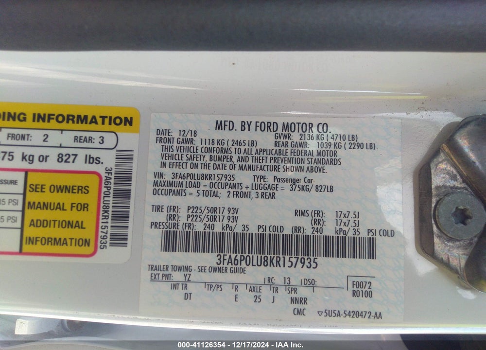 2019 FORD FUSION HYBRID SE VIN: 3FA6P0LU8KR157935
