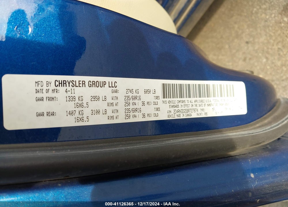 2011 DODGE GRAND CARAVAN MAINSTREET VIN: 2D4RN3DG5BR727874