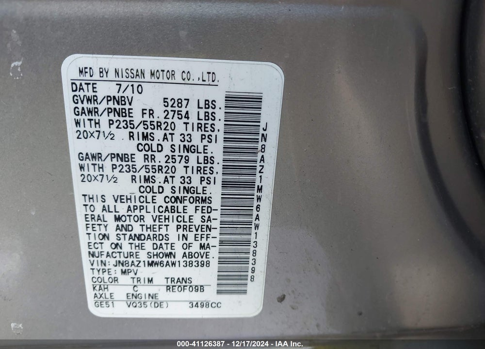2010 NISSAN MURANO LE VIN: JN8AZ1MW6AW138398