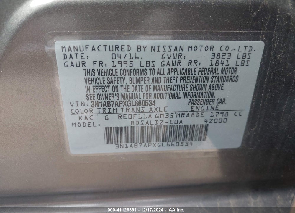 2016 NISSAN SENTRA SV VIN: 3N1AB7APXGL660534