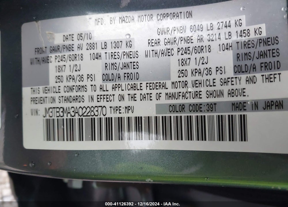 2010 MAZDA CX-9 TOURING VIN: JM3TB3MA3A0228370
