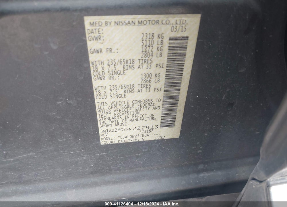 2015 NISSAN MURANO SV VIN: 5N1AZ2MG7FN222913