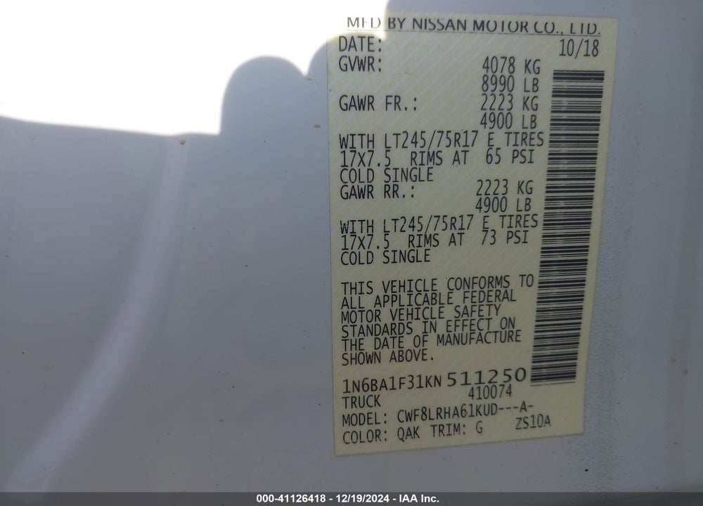 2019 NISSAN TITAN XD S DIESEL VIN: 1N6BA1F31KN511250