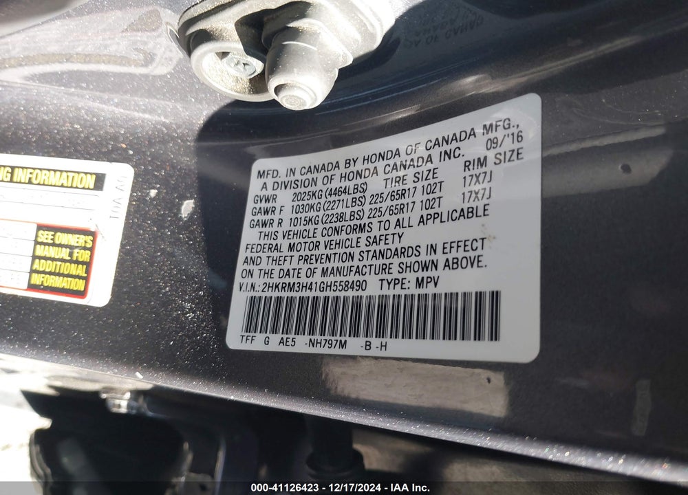 2016 HONDA CR-V SE VIN: 2HKRM3H41GH558490