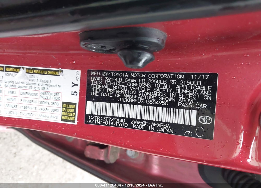2018 TOYOTA PRIUS TWO VIN: JTDKBRFU7J3584950