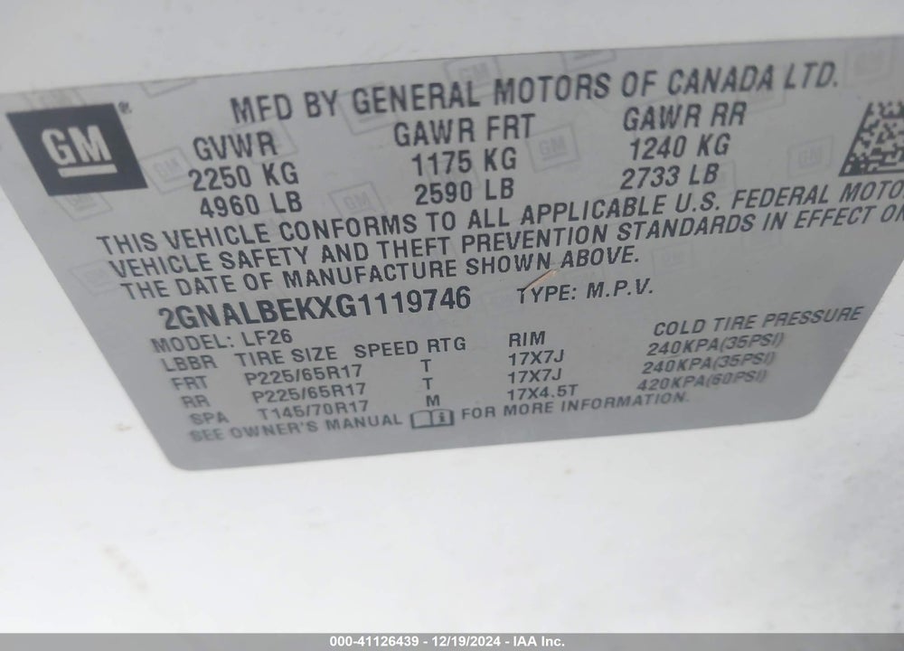 2016 CHEVROLET EQUINOX L VIN: 2GNALBEKXG1119746