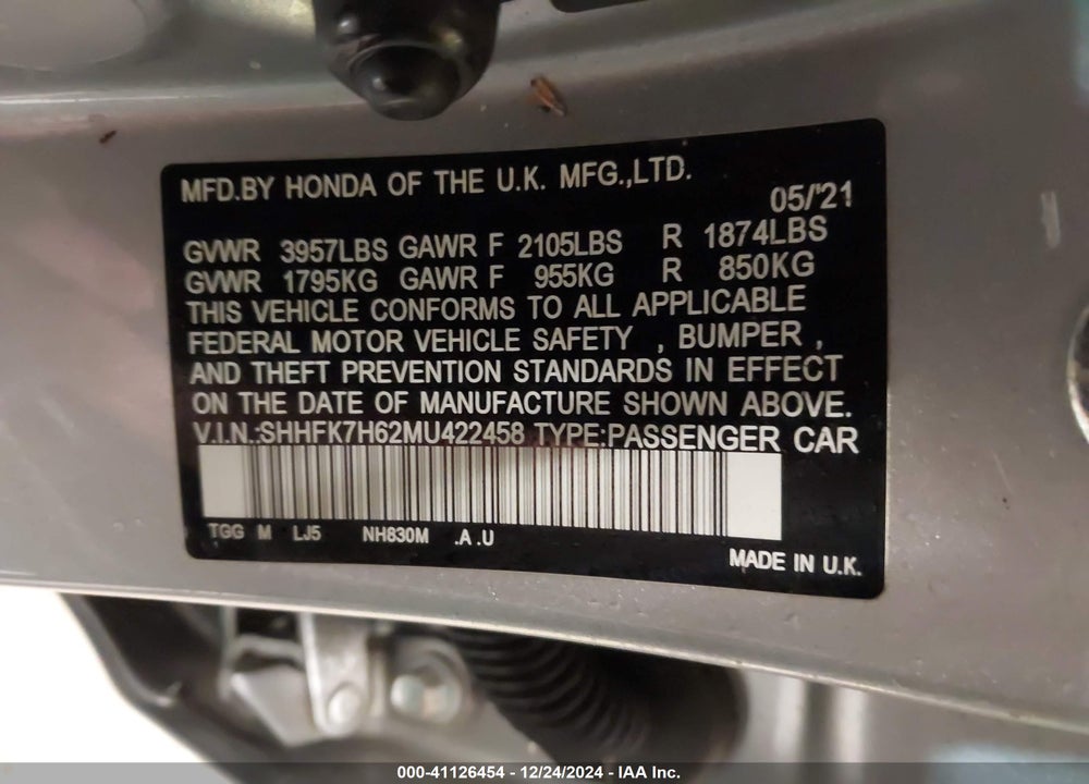 2021 HONDA CIVIC EX VIN: SHHFK7H62MU422458