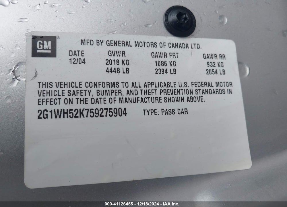 2005 CHEVROLET IMPALA LS VIN: 2G1WH52K759275904