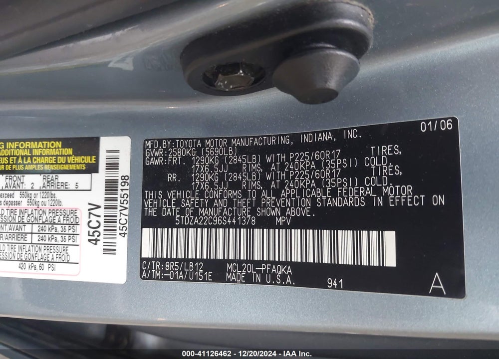 2006 TOYOTA SIENNA XLE VIN: 5TDZA22C96S441378