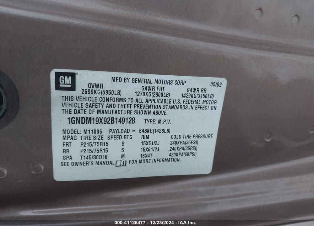 2002 CHEVROLET ASTRO LS VIN: 1GNDM19X92B149128