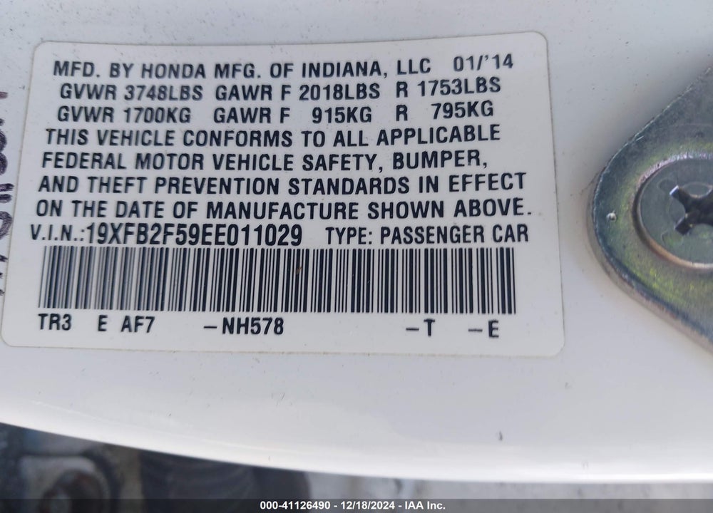2014 HONDA CIVIC VIN: 19XFB2F59EE011029
