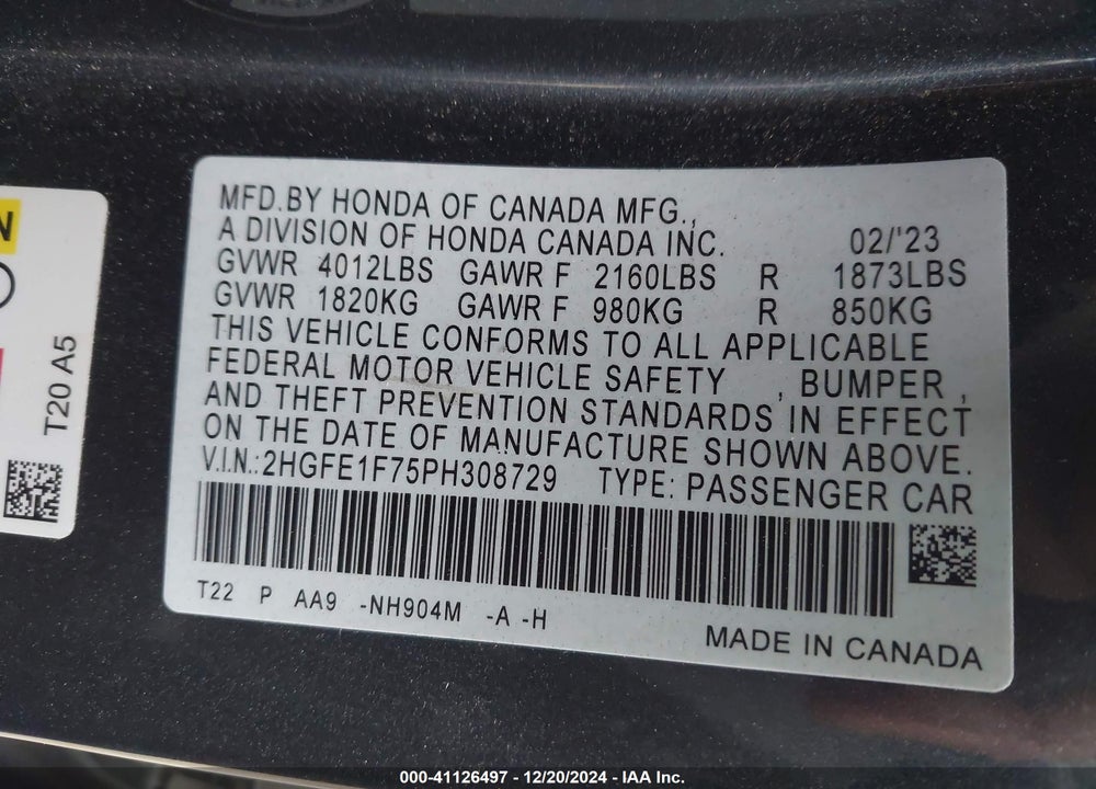2023 HONDA CIVIC VIN: 2HGFE1F75PH308729