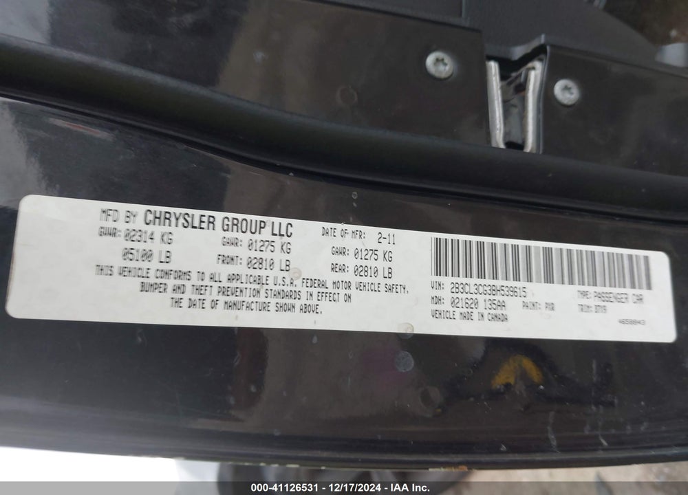 2011 DODGE CHARGER VIN: 2B3CL3CG3BH539615
