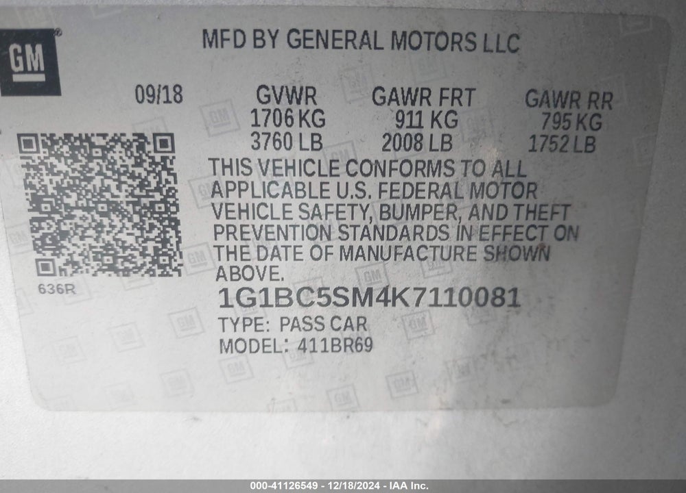 2019 CHEVROLET CRUZE LS VIN: 1G1BC5SM4K7110081