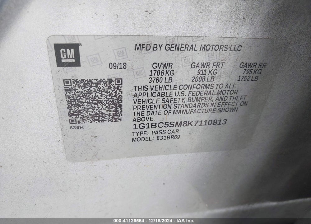 2019 CHEVROLET CRUZE LS VIN: 1G1BC5SM8K7110813