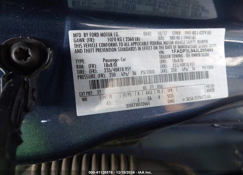2018 FORD FOCUS VIN: 1FADP3L94JL205495