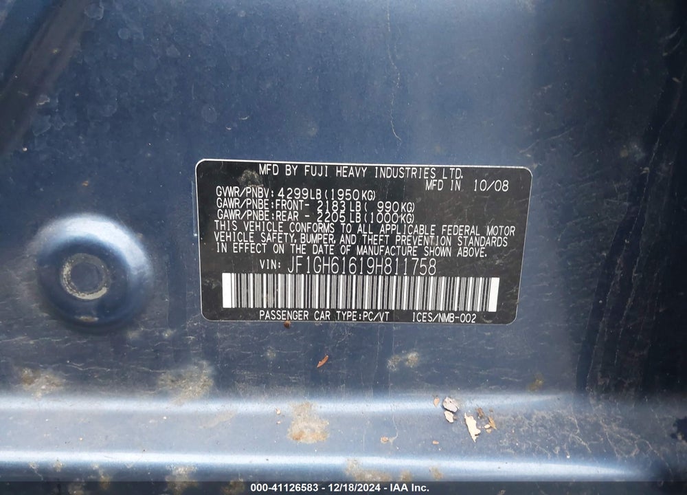 2009 SUBARU IMPREZA 2.5I VIN: JF1GH61619H811758