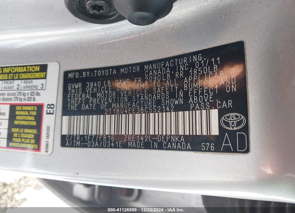 2011 TOYOTA COROLLA LE VIN: 2T1BU4EE3BC552142