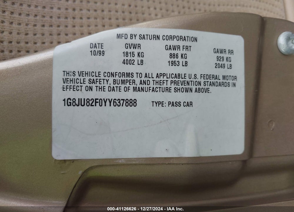 2000 SATURN LW1 VIN: 1G8JU82F0YY637888