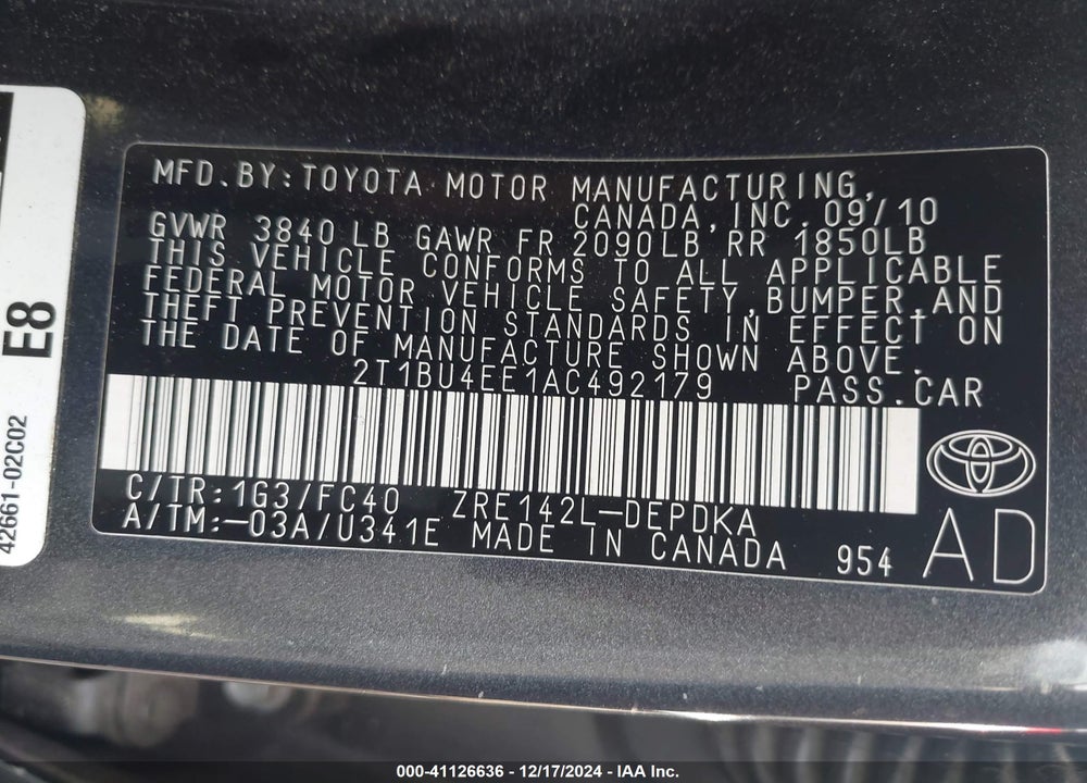 2010 TOYOTA COROLLA LE VIN: 2T1BU4EE1AC492179