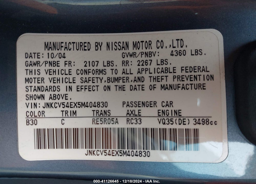 2005 INFINITI G35 VIN: JNKCV54EX5M404830