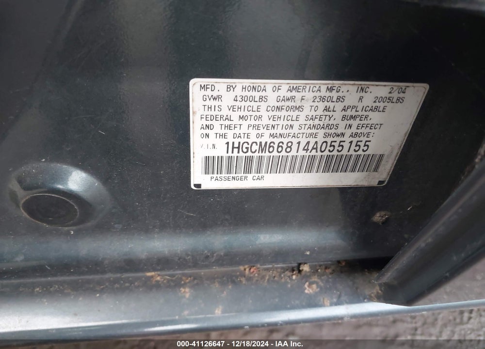 2004 HONDA ACCORD 3.0 EX VIN: 1HGCM66814A055155