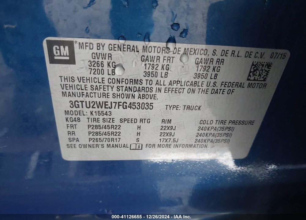 2015 GMC SIERRA 1500 DENALI VIN: 3GTU2WEJ7FG453035