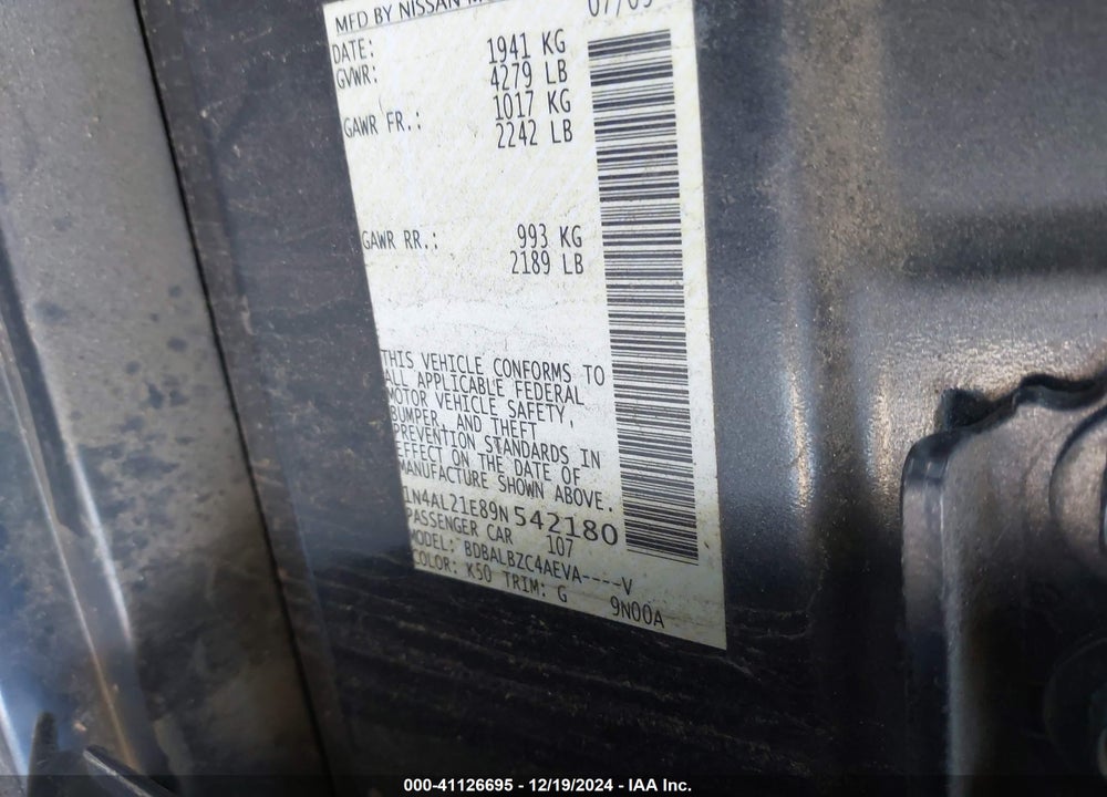 2009 NISSAN ALTIMA 2.5 S VIN: 1N4AL21E89N542180