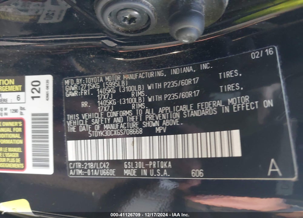 2016 TOYOTA SIENNA XLE PREMIUM 8 PASSENGER VIN: 5TDYK3DCXGS708668