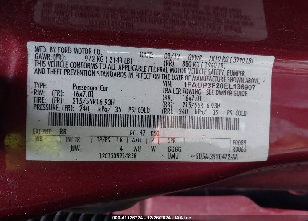 2014 FORD FOCUS SE VIN: 1FADP3F20EL136907