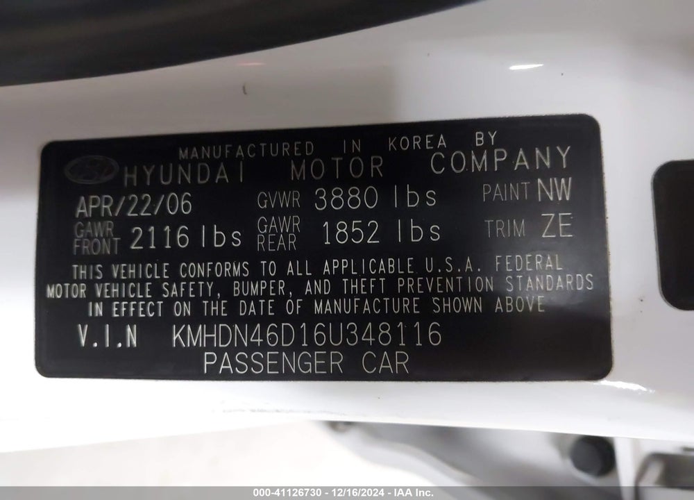 2006 HYUNDAI ELANTRA GLS/LIMITED VIN: KMHDN46D16U348116