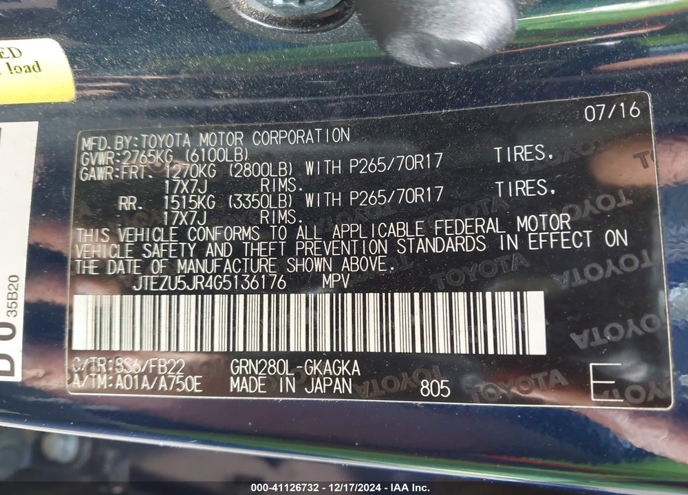2016 TOYOTA 4RUNNER SR5 VIN: JTEZU5JR4G5136176