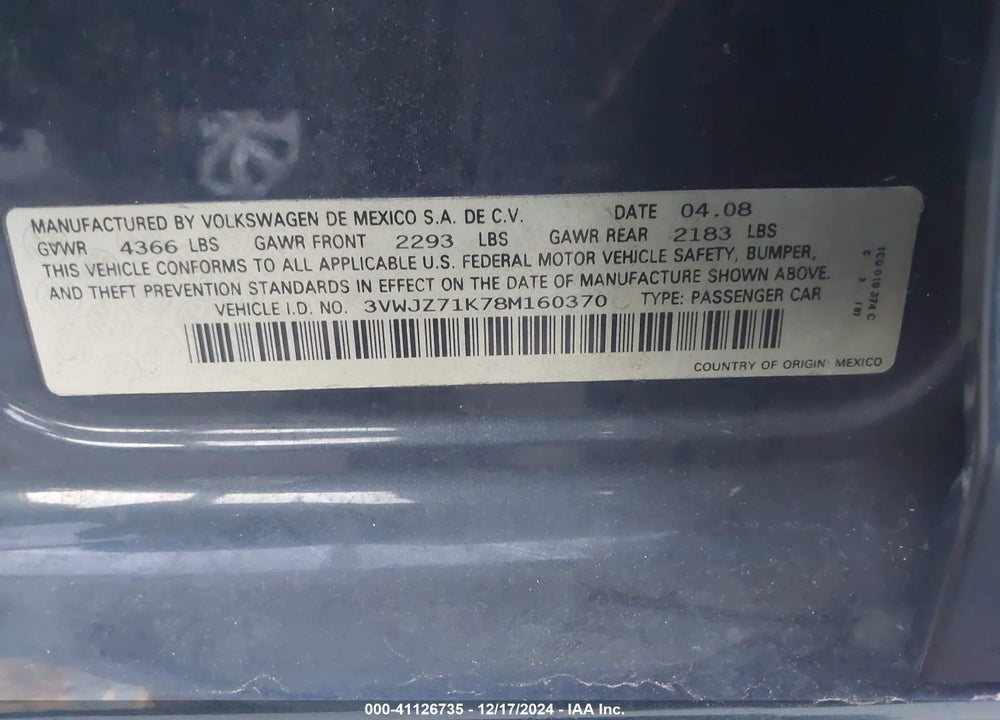 2008 VOLKSWAGEN JETTA VIN: 3VWJZ71K78M160370
