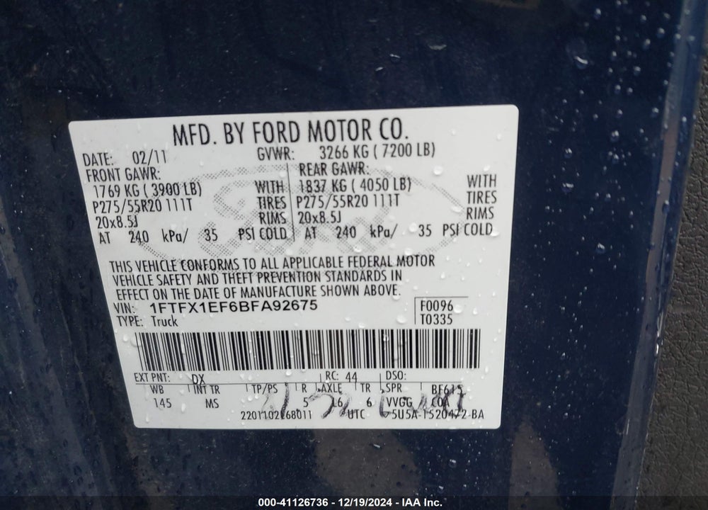 2011 FORD F-150 XLT VIN: 1FTFX1EF6BFA92675
