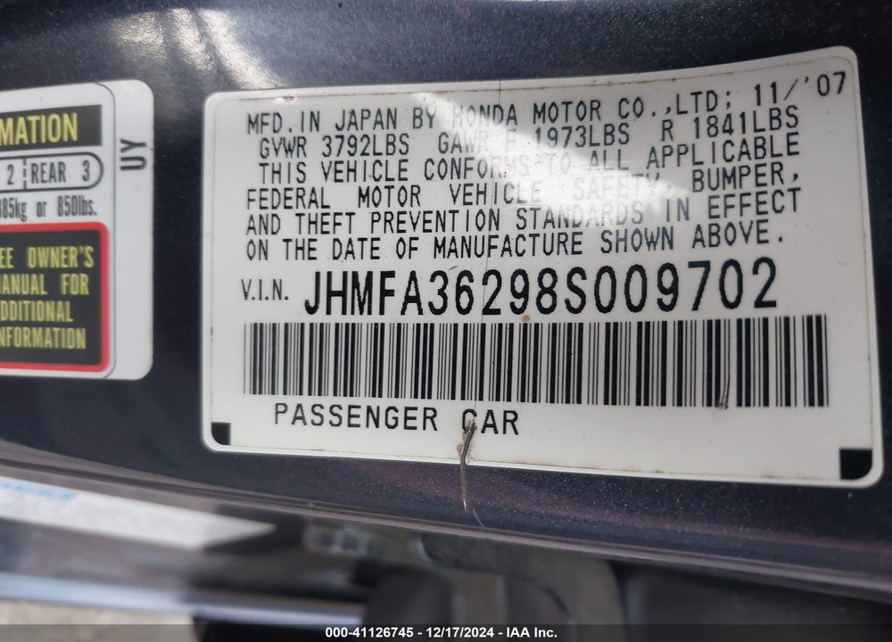 2008 HONDA CIVIC HYBRID VIN: JHMFA36298S009702