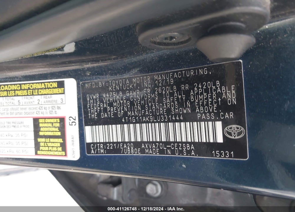2020 TOYOTA CAMRY VIN: 4T1G11AK9LU331444