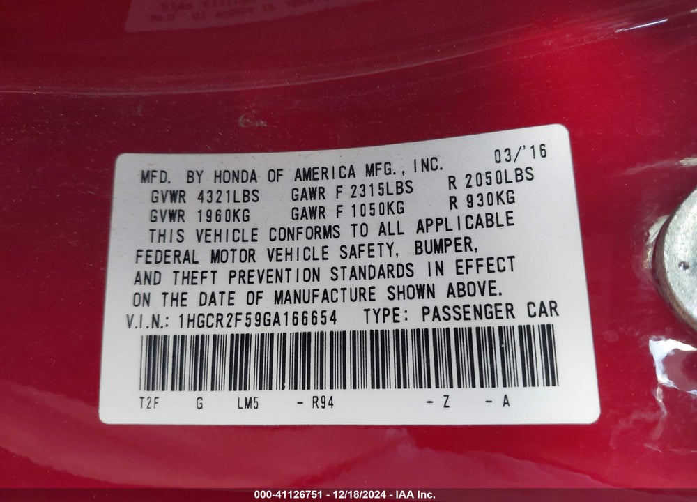 2016 HONDA ACCORD SPORT VIN: 1HGCR2F59GA166654