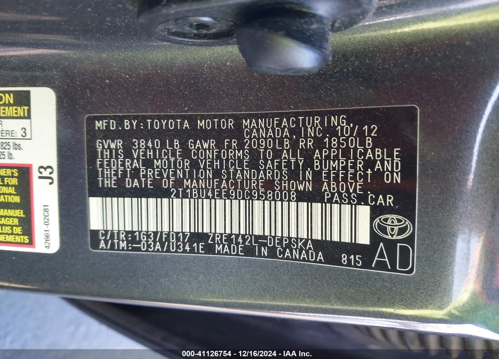 2013 TOYOTA COROLLA S VIN: 2T1BU4EE9DC958008