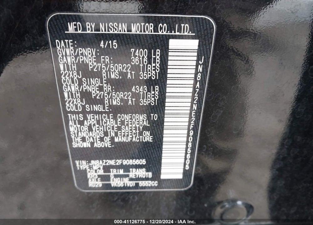 2015 INFINITI QX80 LIMITED VIN: JN8AZ2NE2F9085605