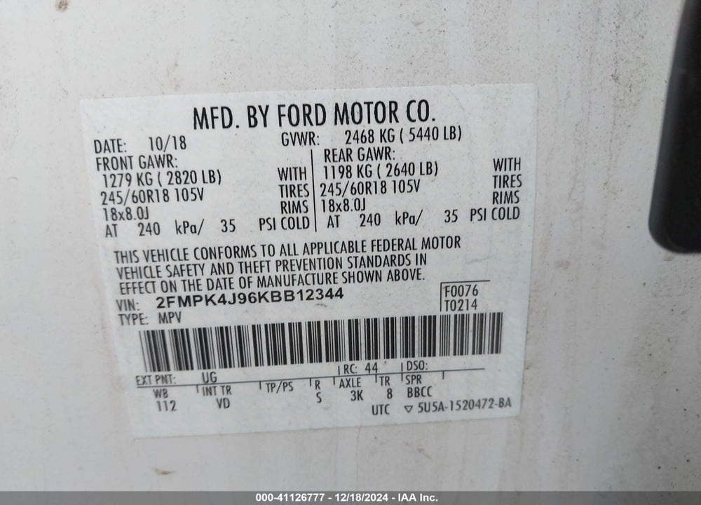 2019 FORD EDGE SEL VIN: 2FMPK4J96KBB12344