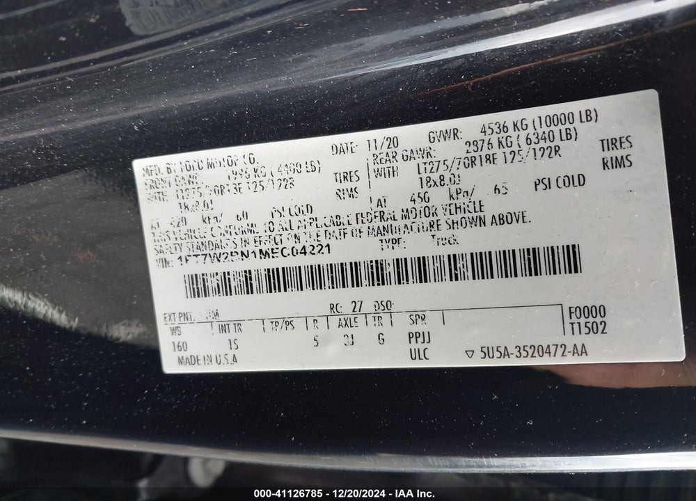 2021 FORD F-250 XL VIN: 1FT7W2BN1MEC04221