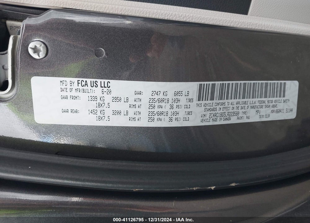 2020 CHRYSLER PACIFICA VIN: 2C4RC1BG5LR223580