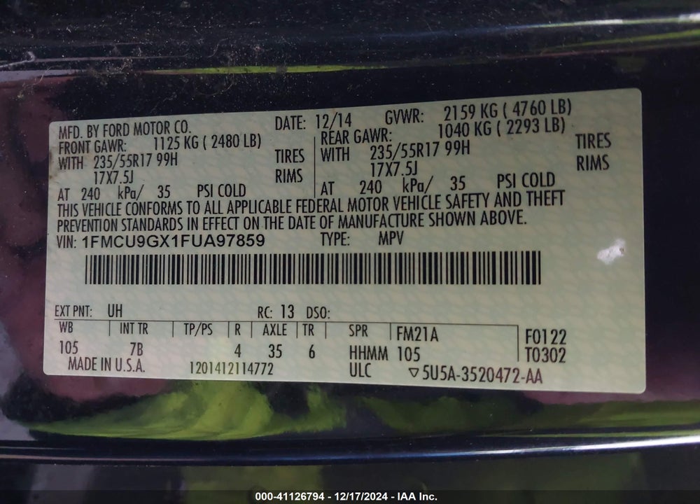2015 FORD ESCAPE SE VIN: 1FMCU9GX1FUA97859