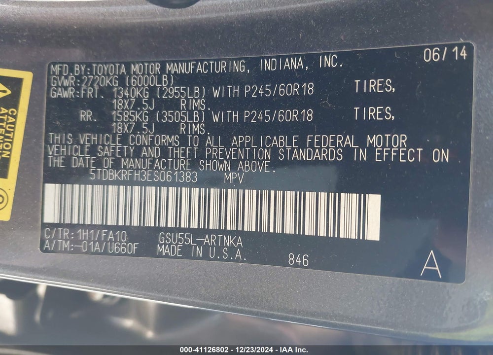 2014 TOYOTA HIGHLANDER LE PLUS V6 VIN: 5TDBKRFH3ES061383