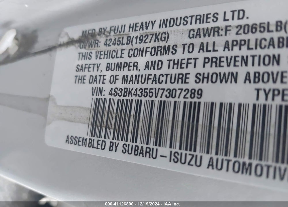 1997 SUBARU LEGACY L/POSTAL RIGHT-HAND DRIVE VIN: 4S3BK4355V7307289