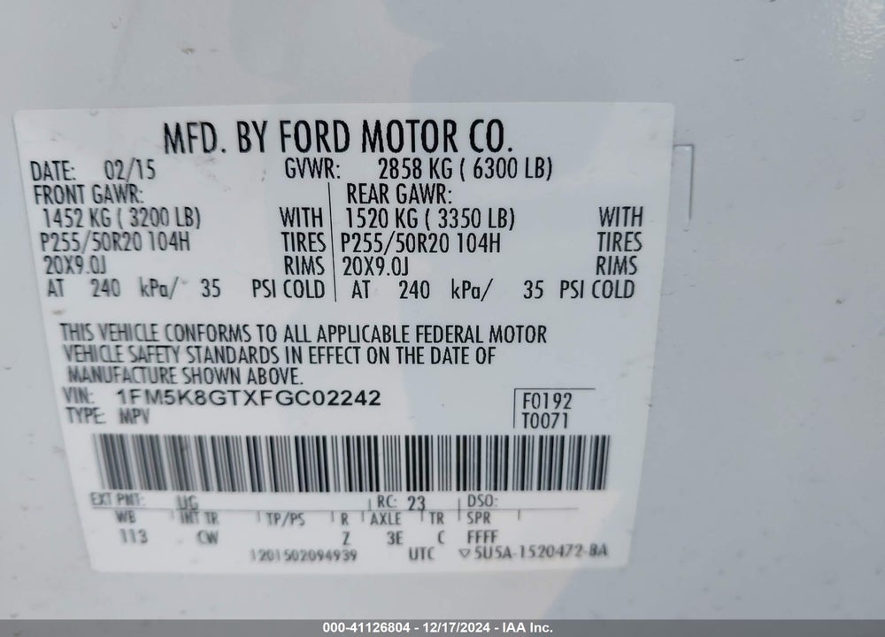 2015 FORD EXPLORER SPORT VIN: 1FM5K8GTXFGC02242